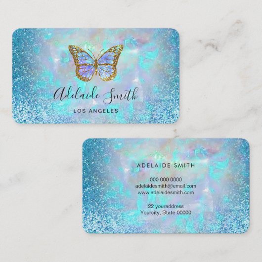 FAUX-holografische blauwe glittervlinder Visitekaartje (Voorkant / Achterkant)