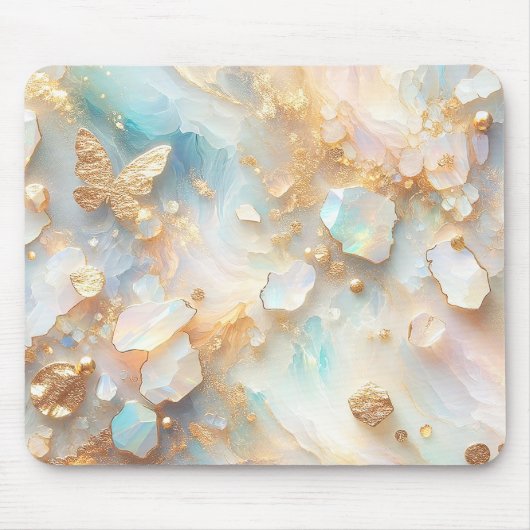 Faux Holografische Opal Moonstone Gouden Vlinder Muismat (Voorkant)