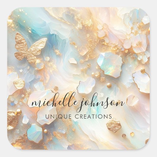 Faux Holografische Opal Moonstone Gouden Vlinder Vierkante Sticker (Voorkant)
