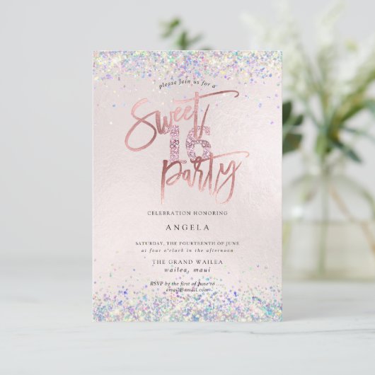 Faux Hologram Sweet 16 Studded Diamond Blush Kaart (Staand voorkant)