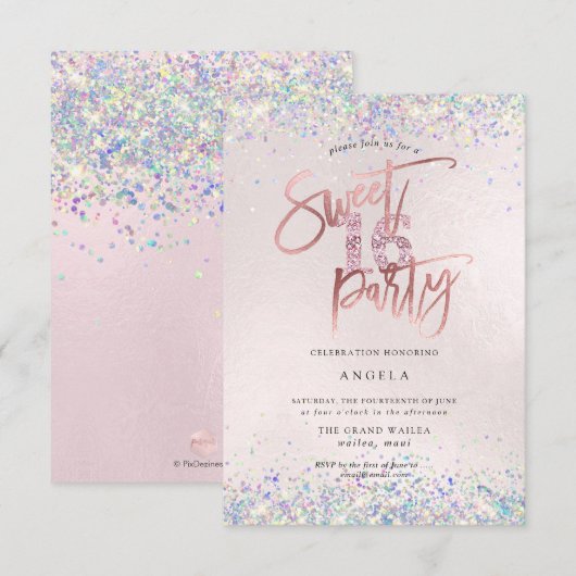 Faux Hologram Sweet 16 Studded Diamond Blush Kaart (Voorkant / Achterkant)