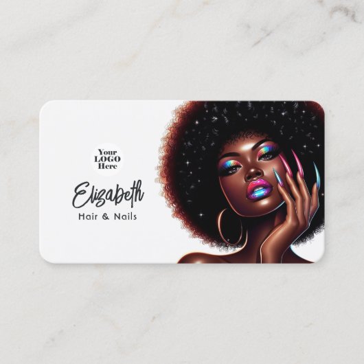 Faux Holographic Afro Queen haar en nagels Salon Visitekaartje (Voorkant)