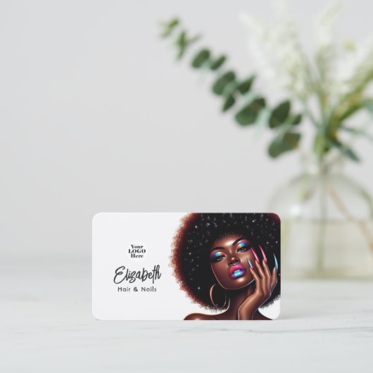 Faux Holographic Afro Queen haar en nagels Salon Visitekaartje (Staand voorkant)