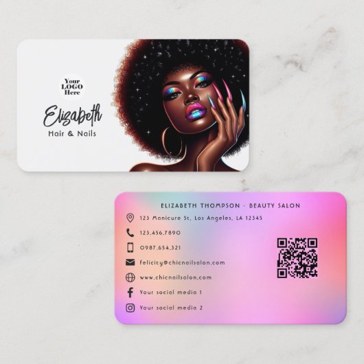 Faux Holographic Afro Queen haar en nagels Salon Visitekaartje (Voorkant / Achterkant)