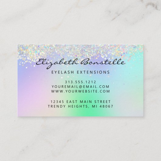 Faux Holographic Glitter Eyes Green Paars Visitekaartje (Achterkant)