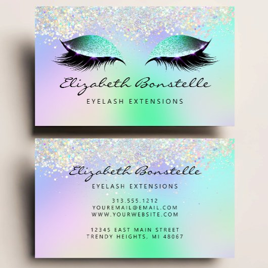 Faux Holographic Glitter Eyes Green Paars Visitekaartje
