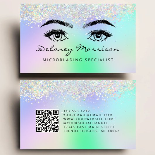 Faux Holographic Glitter Eyes QR Code Microblading Visitekaartje