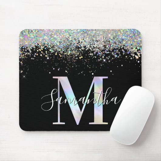 Faux Holographic Glitter Iridescent Monogram M Muismat (Met muis)