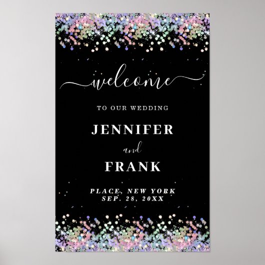 Faux Holographic Glitter Modern Zwart Welkom Poster (Voorkant)
