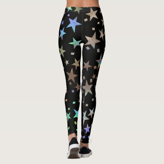 Faux Holographic Rainbow Stars Pattern Chic Black Leggings (Achterkant)