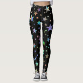 Faux Holographic Rainbow Stars Pattern Chic Black Leggings (Voorkant)