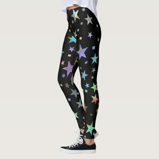 Faux Holographic Rainbow Stars Pattern Chic Black Leggings (Links)