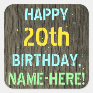 Faux Hood, Tekstverf, 20th Birthday + Naam Vierkante Sticker