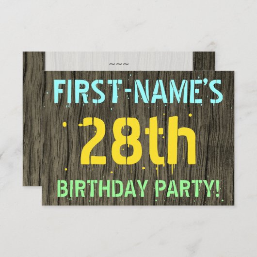 Faux Hood, Tekstverf, 28th Birthday + Naam Kaart (Voorkant / Achterkant)