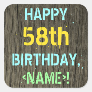 Faux Hood, Tekstverf, 58th Birthday + Naam Vierkante Sticker