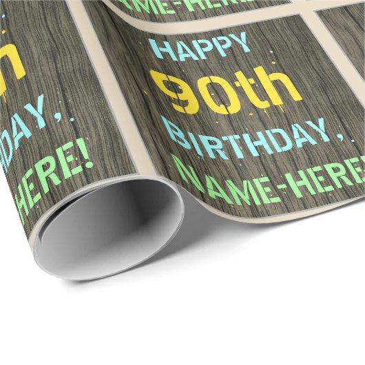 Faux Hood, Tekstverf, 90th Birthday + Naam Cadeaupapier (Rol Hoek)