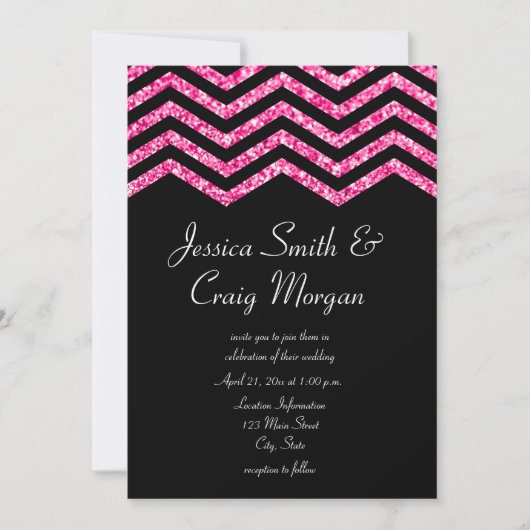 Faux Hot Pink en Black Glitter Chevron Wedding Kaart (Voorkant)