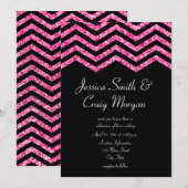 Faux Hot Pink en Black Glitter Chevron Wedding Kaart (Voorkant / Achterkant)