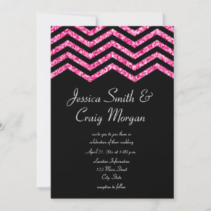 Faux Hot Pink en Black Glitter Chevron Wedding Kaart
