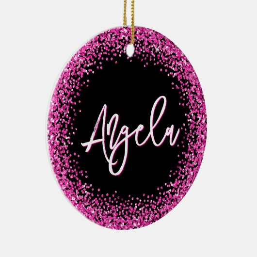 Faux Hot Pink Glitter Black Photo Keramisch Ornament (Rechts)