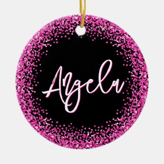 Faux Hot Pink Glitter Black Photo Keramisch Ornament (Voorkant)