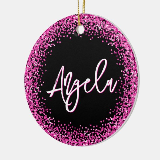 Faux Hot Pink Glitter Black Photo Keramisch Ornament (Links)