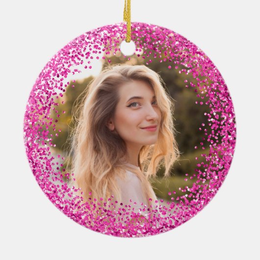 Faux Hot Pink Glitter Black Photo Keramisch Ornament (Achterkant)