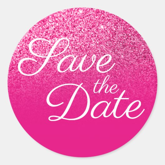 Faux Hot Pink Glitter Ombre Save the Date Ronde Sticker (Voorkant)