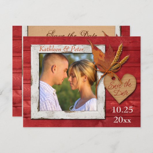 FAUX-hout, -bladeren, -hart, -FOTO-opslagdatum Save The Date (Voorkant / Achterkant)