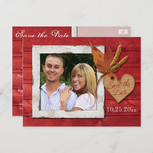 FAUX Hout, Bladeren, Hart Save the Date Post Kaart (Voorkant / Achterkant)