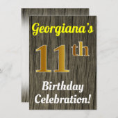 Faux hout, Faux goud 11e verjaardag viering Kaart (Voorkant / Achterkant)