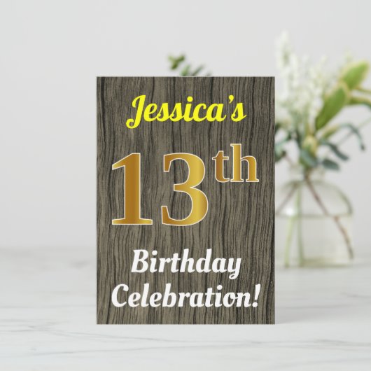 Faux hout, Faux goud 13e verjaardag viering Kaart (Staand voorkant)