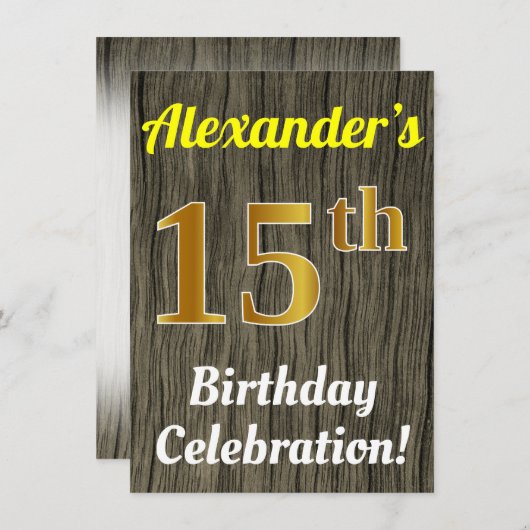 Faux hout, Faux goud 15e verjaardag viering Kaart (Voorkant / Achterkant)
