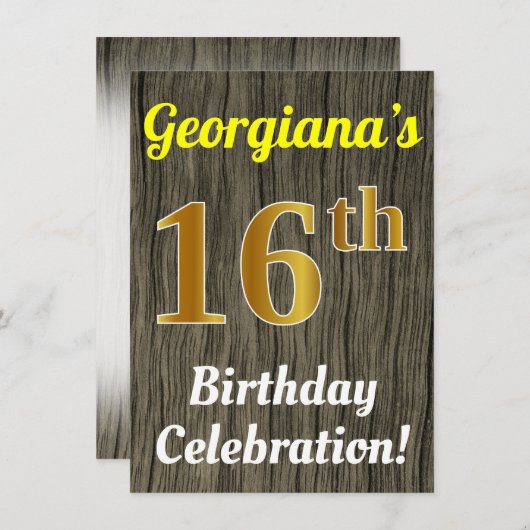 Faux hout, Faux goud 16e verjaardag viering Kaart (Voorkant / Achterkant)