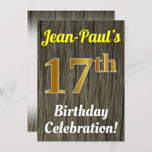 Faux hout, Faux goud 17e verjaardag viering Kaart (Voorkant / Achterkant)