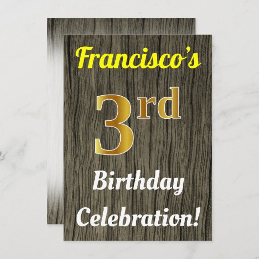 Faux hout, Faux goud 3e verjaardag viering Kaart (Voorkant / Achterkant)