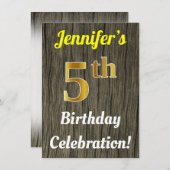Faux hout, Faux goud 5e verjaardag viering Kaart (Voorkant / Achterkant)