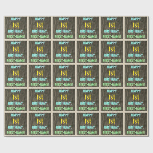 Faux-hout, gekleurde tekst, eerste verjaardag + na cadeaupapier