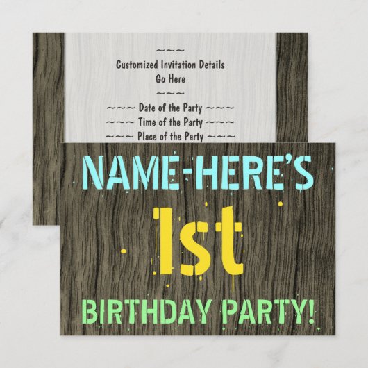 Faux-hout, gekleurde tekst, eerste verjaardag + na kaart (Voorkant / Achterkant)