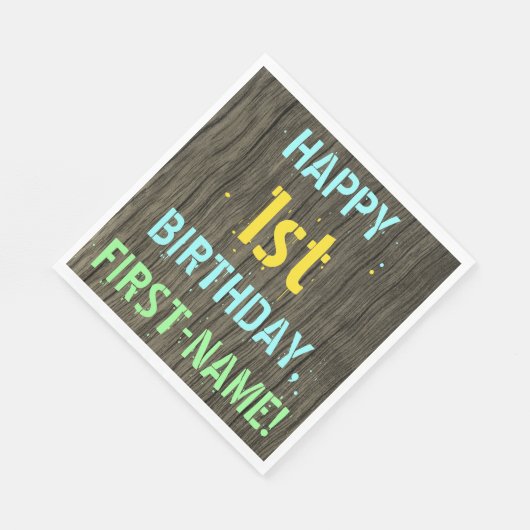 Faux-hout, gekleurde tekst, eerste verjaardag + na servet (Hoek)