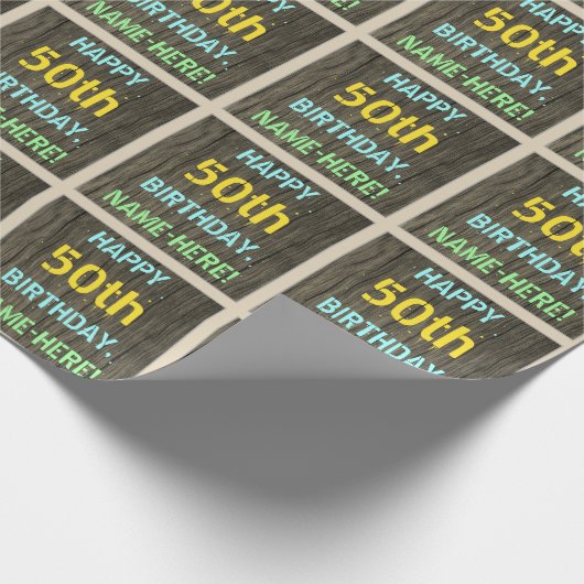 Faux hout, geschilderde tekst look, 50ste verjaard cadeaupapier (Hoek)