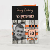 Faux hout rustiek 50e sinaasappel foto Verjaardag Kaart (Voorkant)