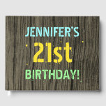 Faux hout, Tekstuitje, 21st Birthday   Naam Gastenboek<br><div class="desc">Dit leuke gastenboekontwerp voor de verjaardag bevat een bericht als "JENNIFER'S 21st BIRTHDAY!", waar de naam kan worden gepersonaliseerd. De achtergrond heeft een rustiek, bruin, faux houtnerf uiterlijk patroon. De aanpasbare berichttekst is voorzien van kleuren zoals blauw, geel en groen, en het heeft een uiterlijk dat is geïnspireerd op dat...</div>