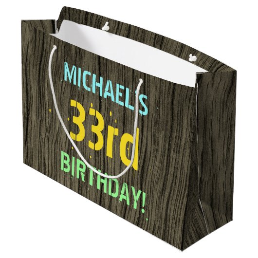 Faux hout, Tekstverf, 33rd Birthday + Naam Groot Cadeauzakje (Achterkant Gekanteld)
