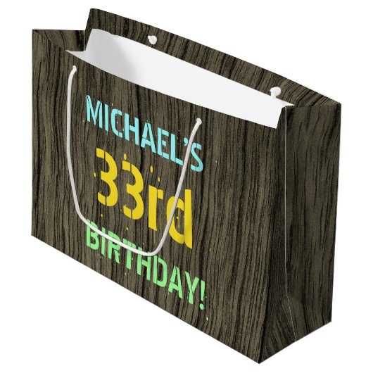 Faux hout, Tekstverf, 33rd Birthday + Naam Groot Cadeauzakje (Voorkant Gekanteld)