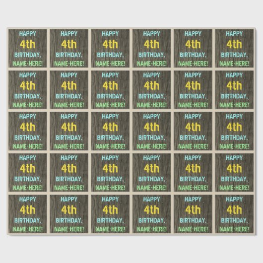 Faux hout, Tekstverf, vierde verjaardag + naam Cadeaupapier (Vlak)