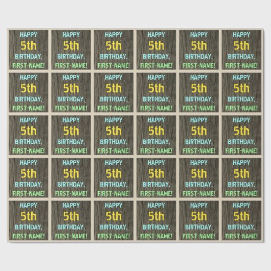Faux Hout, Tekstverf, vijfde verjaardag + naam Cadeaupapier (Vlak)