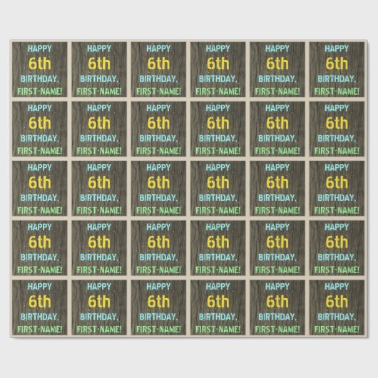Faux Hout, Tekstverf, zes verjaardag, naam Cadeaupapier (Vlak)