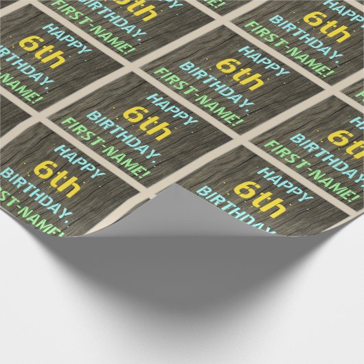 Faux Hout, Tekstverf, zes verjaardag, naam Cadeaupapier (Hoek)