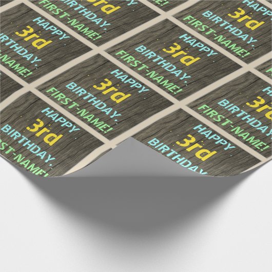 Faux hout, Tekstweergave, derde verjaardag + naam Cadeaupapier (Hoek)